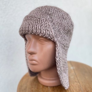 Knitted women&#39;s hat bonnet with earflaps, merino and angora cap, cap, winter hat with ears, ski hat, helmet, cap, plain, gray, beige