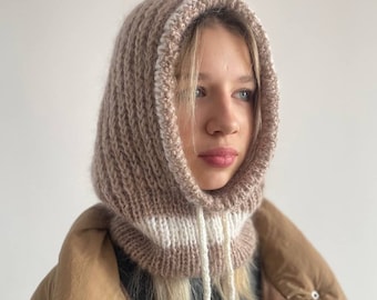 Hand-knitted hooded scarf for women, mohair wool, beige, warm hood, balaclava, snood scarf, soft, fluffy, shipping from Europe