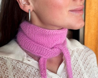 Hand-knitted Sophie scarf, Small Hare Fur Scarf, downy, Beige, Pink, White, Wool Blend