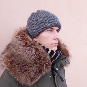 Mens knitted hat, grey winter hat, hand knitted thick beanie, handmade winter knitted hat, alpaca wool, 22-23 inches, Delivery from Europe