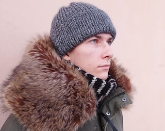 Hand Knitted Men's Beanie, Alpaca Wool, different colors, Winter Hat (22-23 inches)