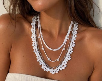 Delicate Handmade Crochet Necklace | Cotton Lace Chain Necklace with Handmade Beads | Romantic and Feminine Boho Necklace