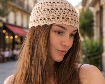 Handmade Crochet Mesh Hat with Sequins, Vintage Style, Summer Hat, Crochet Lace Beanie, cotton, size 22-23”