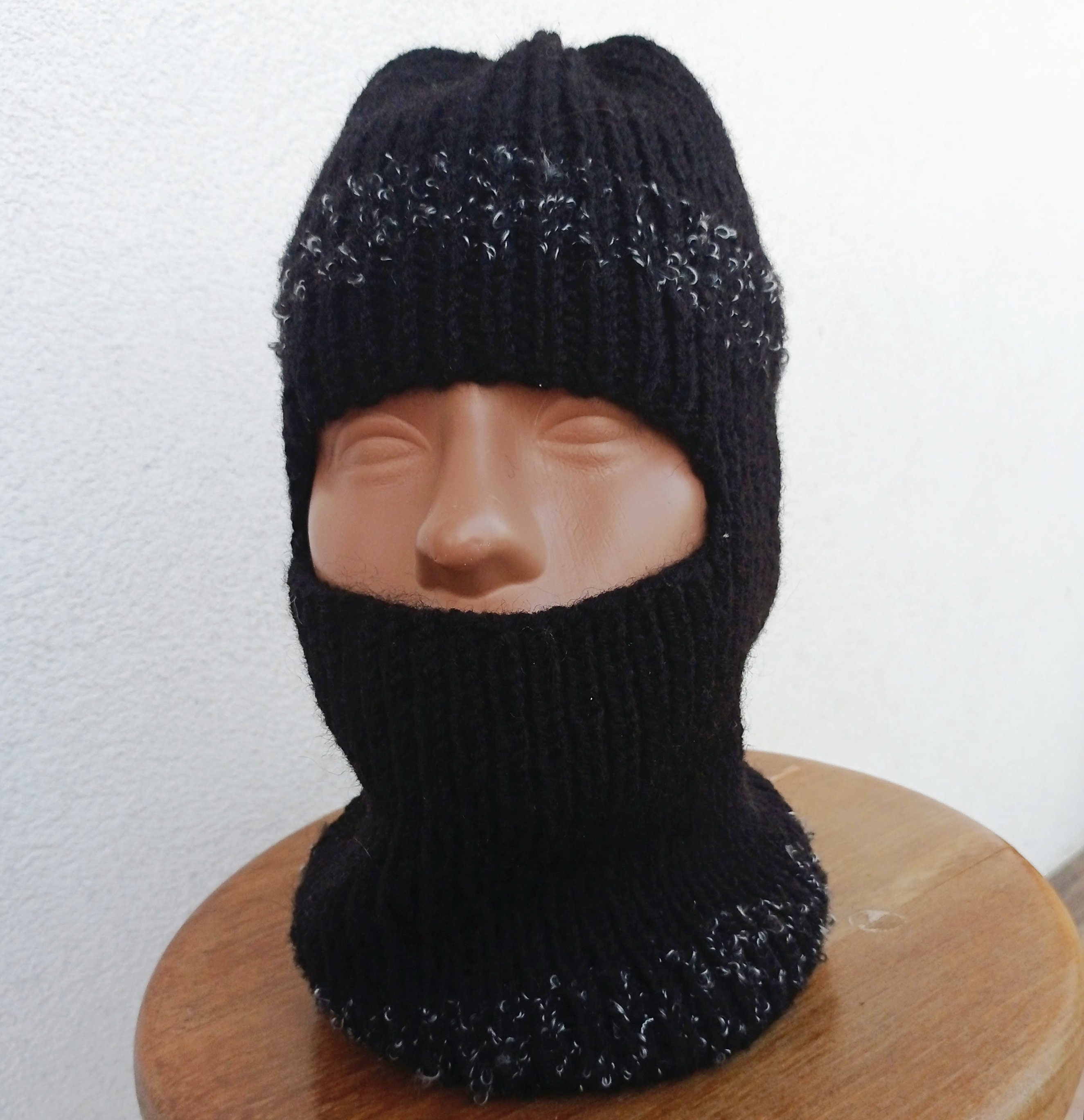 Hand-knitted Women's Wool Balaclava, Black, Red, White, Face Mask