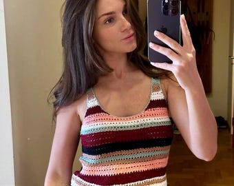 Crocheted summer multi-colored crop top, summer, bright striped, beach t-shirt, for the city or the beach