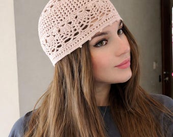 Handmade Crochet Mesh Hat with Sequins, Vintage Style, Summer Hat, Crochet Lace Beanie, cotton, size 22-23”
