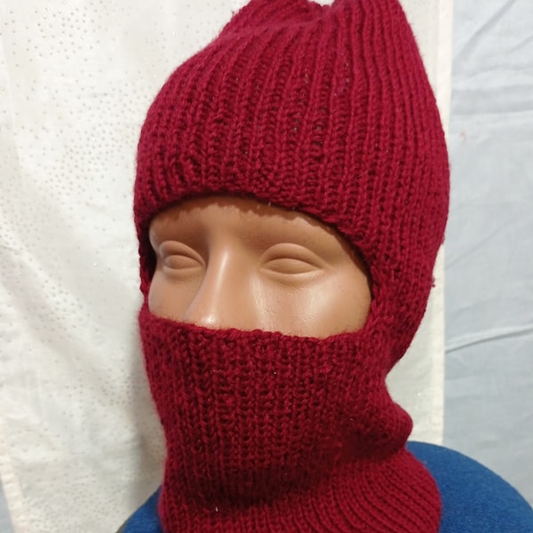 Hand-knitted women's merino balaclava hat, Face mask, winter full face mask, burgundy ski mask, face cover, delivery from Europe