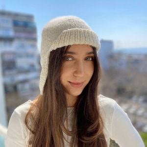 Knitted women&#39;s hat bonnet with earflaps, merino and angora cap, cap, winter hat with ears, ski hat, helmet, cap, plain, gray, beige