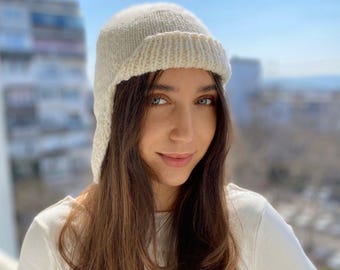 Hand-knitted hat with earflaps, merino and angora, winter hat for women, hat with trip, ski hat, helmet, plain, gray, beige