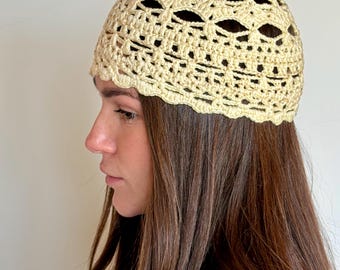Handmade Crochet Mesh Hat with Sequins, Vintage Style, Summer Hat, Crochet Lace Beanie, cotton, size 22-23”
