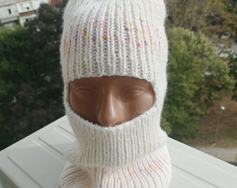 Hand-knitted Women Wool Balaclava, White, Black, Red, Face Mask