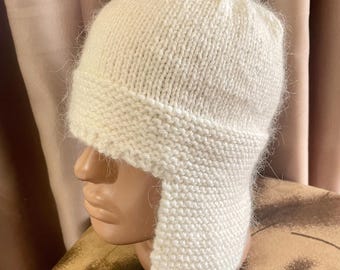 Hand Knit Hat with Earflaps, trip, Wool Winter Hat, beanie with ear flaps, Docker Beanie with trip, merino with mohair