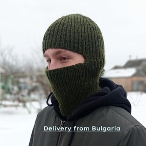 Hand-knitted wool men&#39;s balaclava, Face mask, winter full face mask for men, olive color, ski mask, crochet face cover, delivery from Europe