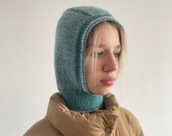 Hand-Knitted balaclava for women, merino and angora, bonnet, hat winter hood, ski hat, hooded scarf, helmet, plain balaclava, wool mohair