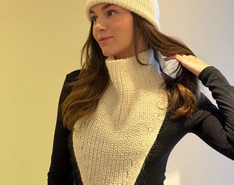 Hand-knitted Dickey Collar Scarf and Beanie Hat, Set, Winter Accessory for Women, Textured Ribbed Collar, Warm Shirt Front, from Europe