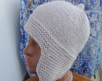 Hand Knit Hat with Earflaps, Wool Winter Hat, beanie with ear flaps, Docker Beanie with trip, merino with mohair
