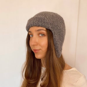 Knitted women&#39;s hat bonnet with earflaps, merino and angora cap, cap, winter hat with ears, ski hat, helmet, cap, plain, gray, beige