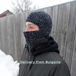 Hand-knitted wool men&#39;s balaclava, Face mask, winter full face mask for men, black ski mask, face cover, аnatomical fit