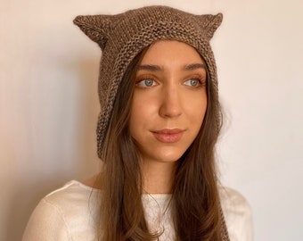 Knitted women's bonnet from a mixture of wool and angora, mohair, kitty bonnet, Warm Hat Angora soft, for adults and children, with cat ears
