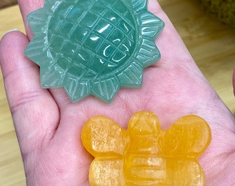 Green Aventurine Sunflower Carving | Sunflower Carving | Yellow Calcite Bee | Crystal Bee | Crystal Carvings
