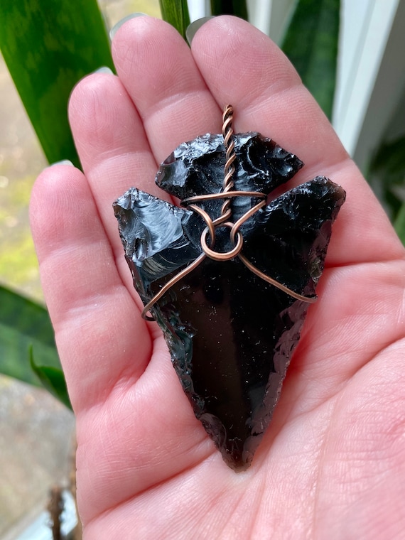 Black Obsidian Crystal Arrowhead Necklace | Protection Stone | Obsidian Arrowhead | Obsidian