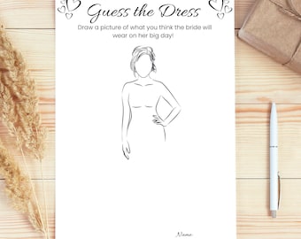 Può includere: Una carta di gioco per la festa di addio al nubilato stampabile con istruzioni per disegnare un'immagine di cosa la sposa indosserà il giorno del suo matrimonio. La carta contiene un disegno a linea di una donna con un abito da sposa.