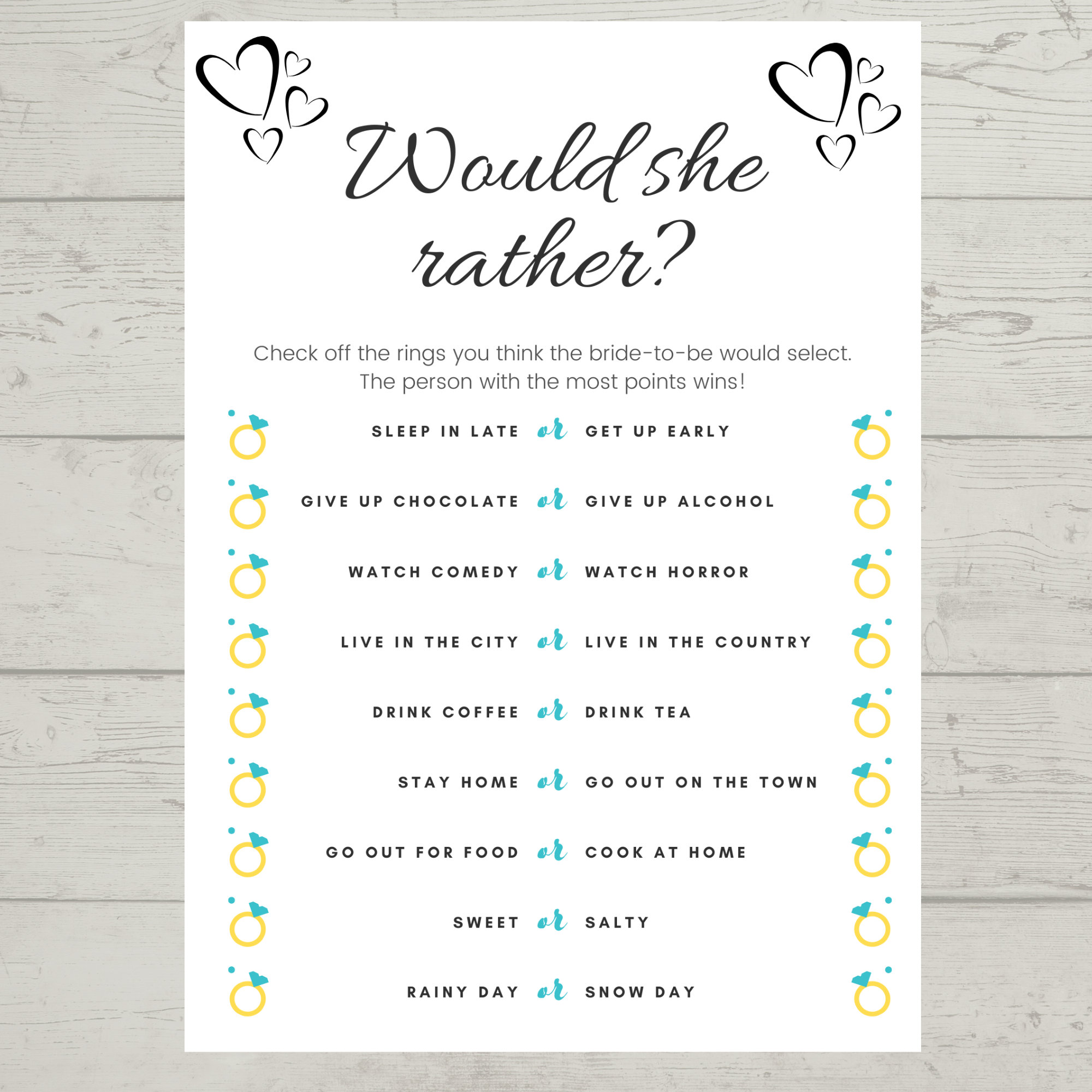 Would She Rather Bridal Shower Game, Bridal Shower Game, Digital Print