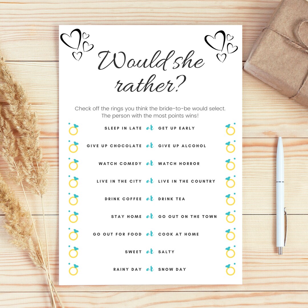 Would She Rather Bridal Shower Game, Bridal Shower Game, Digital Print ...