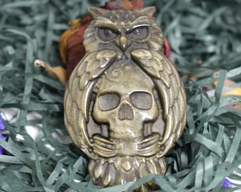 Silver Sheen Obsidian Owls with Engraved Skull Chest
