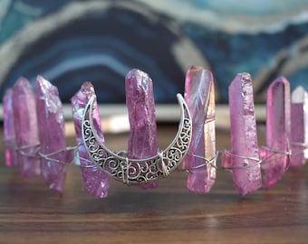 Clear Quartz Purple Aura Crystal Crown with Crescent Moon - Third-eye Chakra