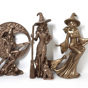 Cute Witch Figurines with Moons, Broom and Familiar