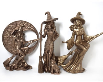 Cute Witch Figurines with Moons, Broom and Familiar