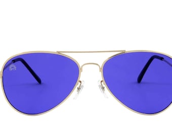 Indigo Aviator Mood-Boosting Sunglasses with Protective Chakra Bag