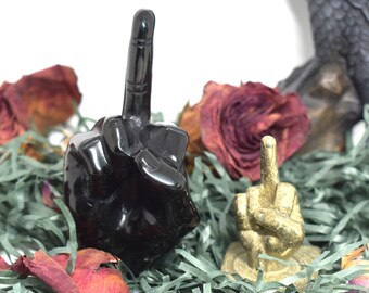 Silver-Sheen Obsidian & Pyrite Middle Fingers Hand - Hand Carved - Small and Large