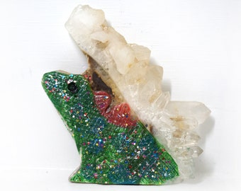 Painted Frog Crystal Carving - Clear Quartz