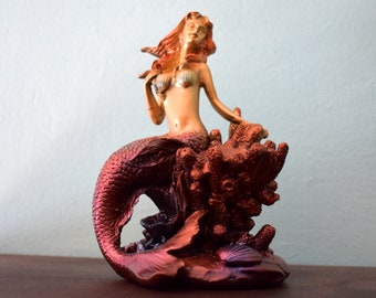 Golden Mermaid with Red/Purple Tail - Crystal Ball Stand - Mermaid Stand - Crystal Sphere Stand - Sphere Holder