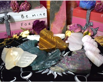 Assorted Crystal Wing Hearts - Valentine's Day- Clear Quartz, Caribbean Calcite, Ruby Kyanite, Moss Agate, Flower Agate, Tiger's eye & More