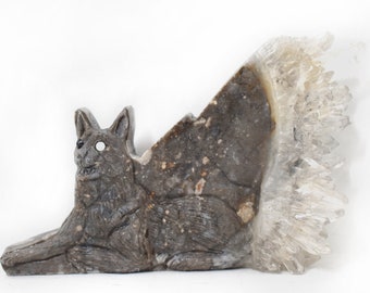 Clear Quartz Geode Wolf Carving