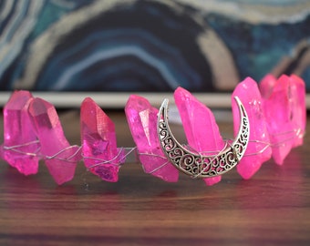 Pink Aura Crystal Quartz Crown - Heart Chakra - Bride To Be - Bridesmaid - Boho Wedding Accessories