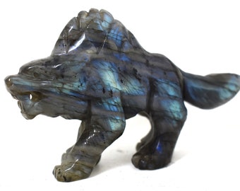 Labradorite Wolf Carving - Throat, Third-Eye, Crown Chakras