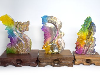 Rainbow Aura Clear Quartz Statues (Hand-Carved Mermaid, Dragon, Fairy)