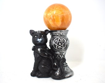 Pagan Pentacle Cat with Triple Moon Crystal Ball Stand/Crystal Sphere Holder