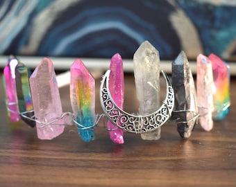 Rainbow Aura Lite Crystal Crown with Rose Quartz, Hematite, Titanium Aura - Seven Chakras - Boho Wedding, Bride To Be, Bridesmaid