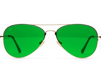 Green Aviator Mood-Boosting Sunglasses with Protective Chakra Bag