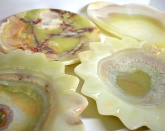 Green Onyx Heart Dish, Scalloped Dish and Plate