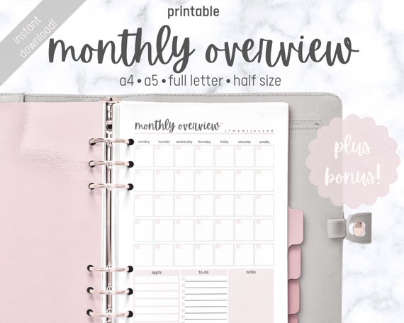 Month at a Glance Printable Monthly Planner A4 A5 Half Size | Etsy