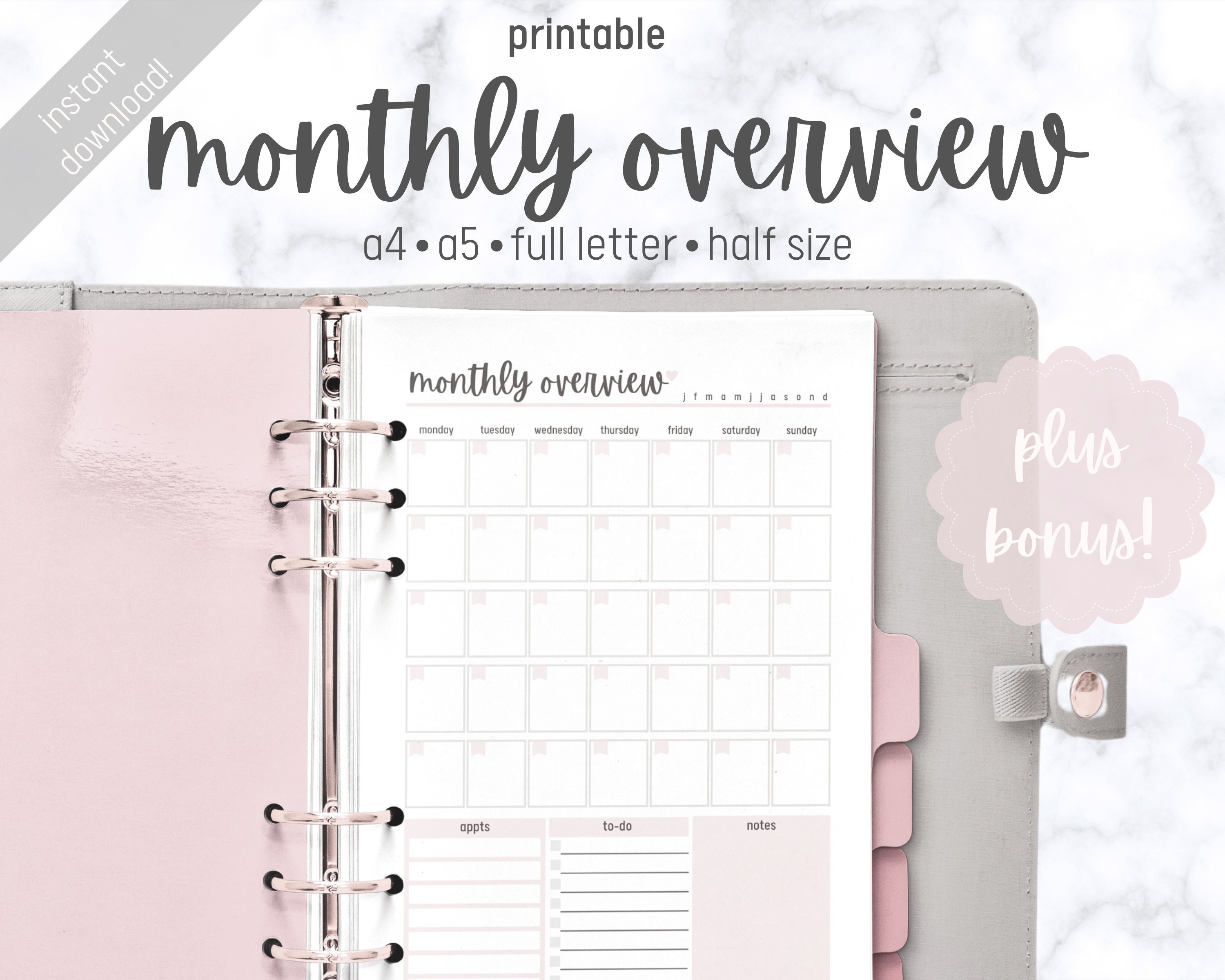 Month at a Glance Printable Monthly Planner A4 A5 Half Size - Etsy