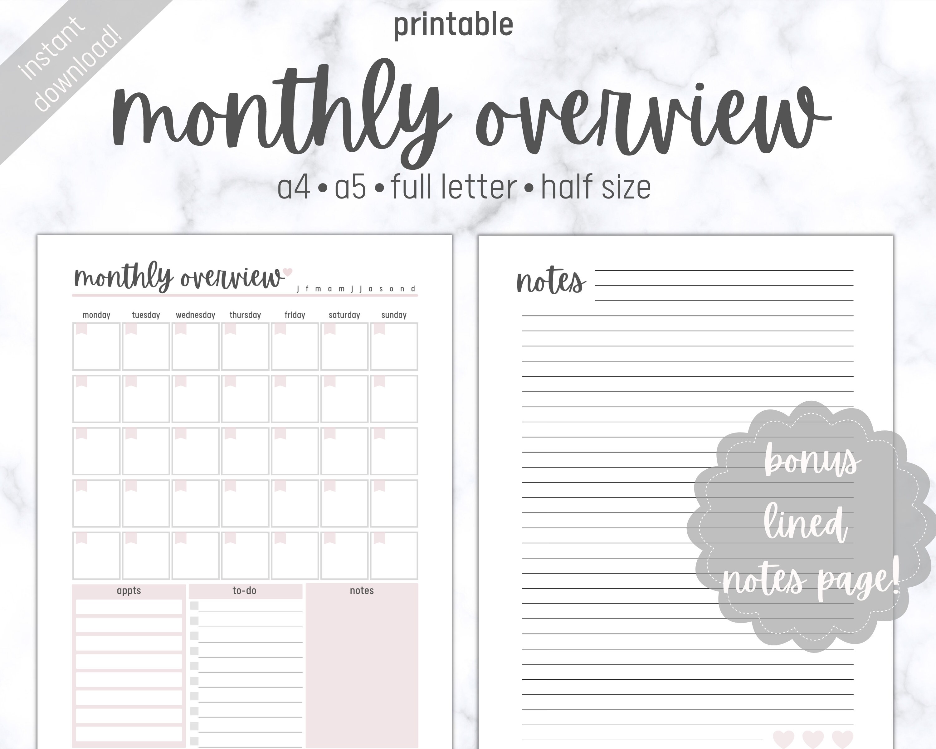 Month at a Glance Printable Monthly Planner A4 A5 Half Size | Etsy