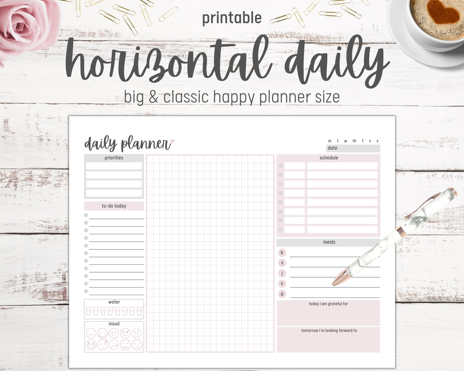 Productivity Planner Printable Daily Horizontal Big Etsy