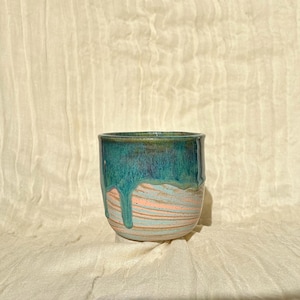 Swirly Marbled Ceramic Tumbler, Colorful Handmade Clay Cup, Blue Green Pottery Tumbler